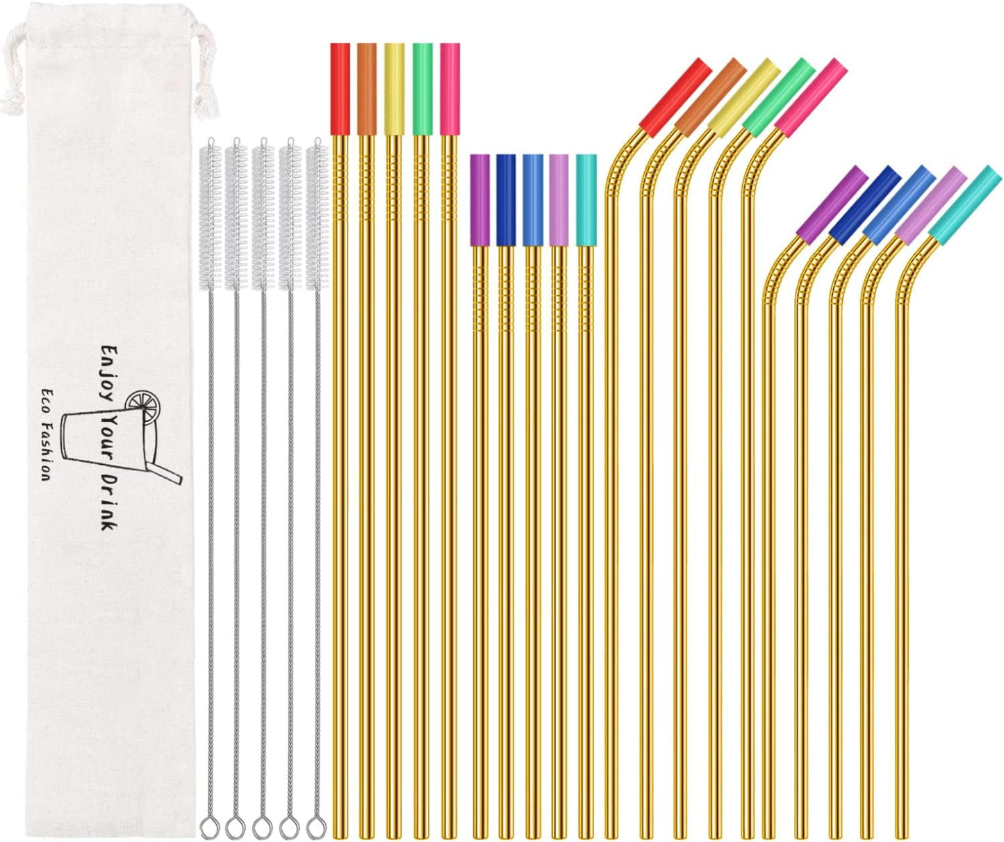20 Pack Reusable Stainless Steel Metal Straws,10.5" & 8.5" Reusable Drinking Straws with 20 Silicone Tips 5 Straw Brushes 1 Travel Case,Eco Friendly Extra Long Metal Straw Fit for 20 24 30 oz Tumbler