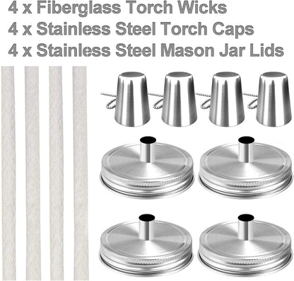 4 Pack Mason Jar Tabletop Torch Kits, Longlife Fiberglass Wicks,Stainless Steel Mason Jar Lids Caps Included,Outdoor Deck Oil Lamp Torch