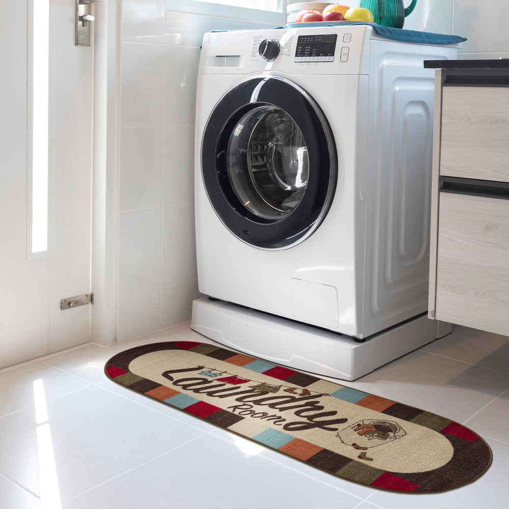Washtown Non-Slip Rubberback Checkered Border 2X5 Laundry Room Runner Rug, 20" X 59" Oval, Multicolor
