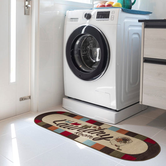 Washtown Non-Slip Rubberback Checkered Border 2X5 Laundry Room Runner Rug, 20" X 59" Oval, Multicolor
