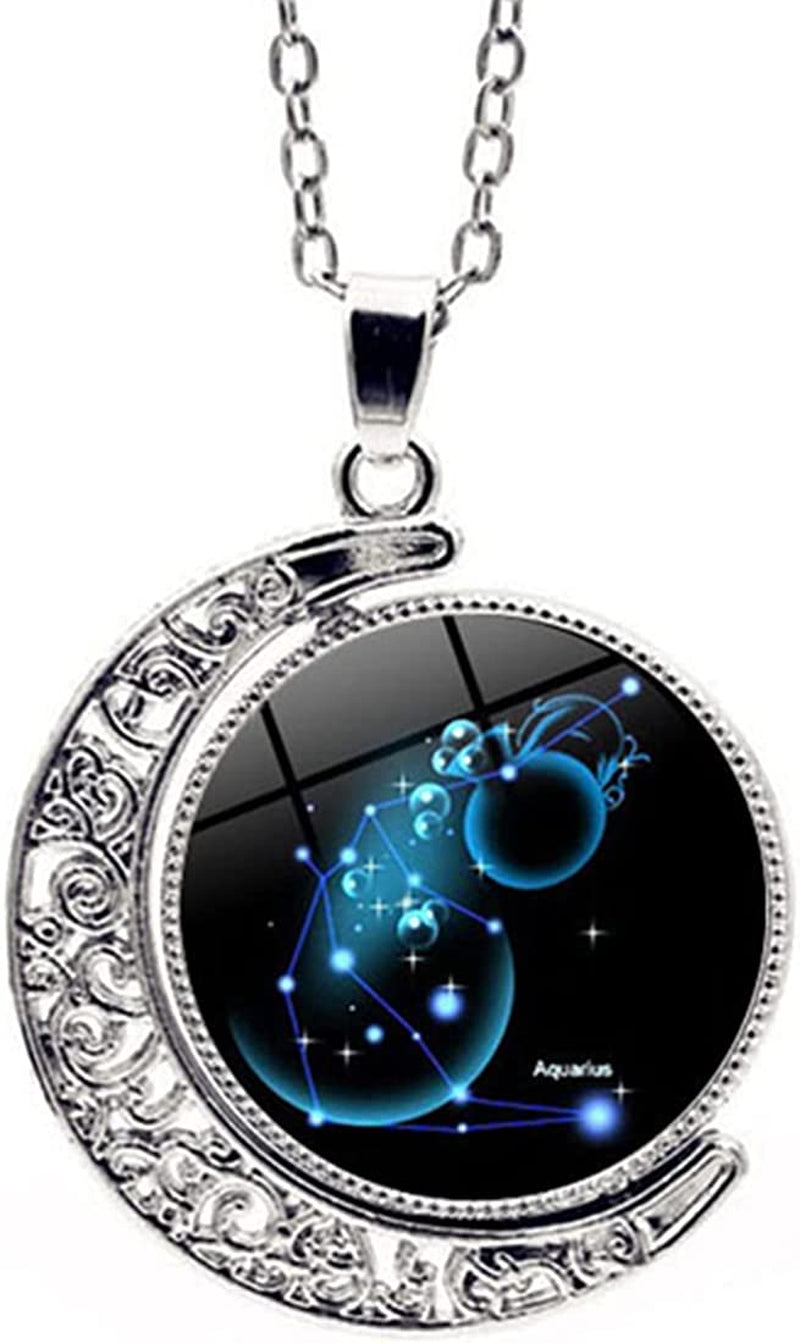 Zodiac Necklace Jewelry Birthday Gifts Astrology 12 Constellation Horoscope Sign Galaxy Crescent Half Moon Pendant Necklace