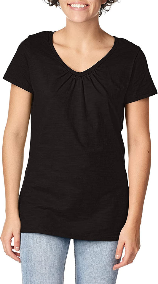 Hanes Women's Shirts, Slub Cotton Shirred V-Neck Tee, Cotton T-Shirts for Women, Women’s Tee Shirts