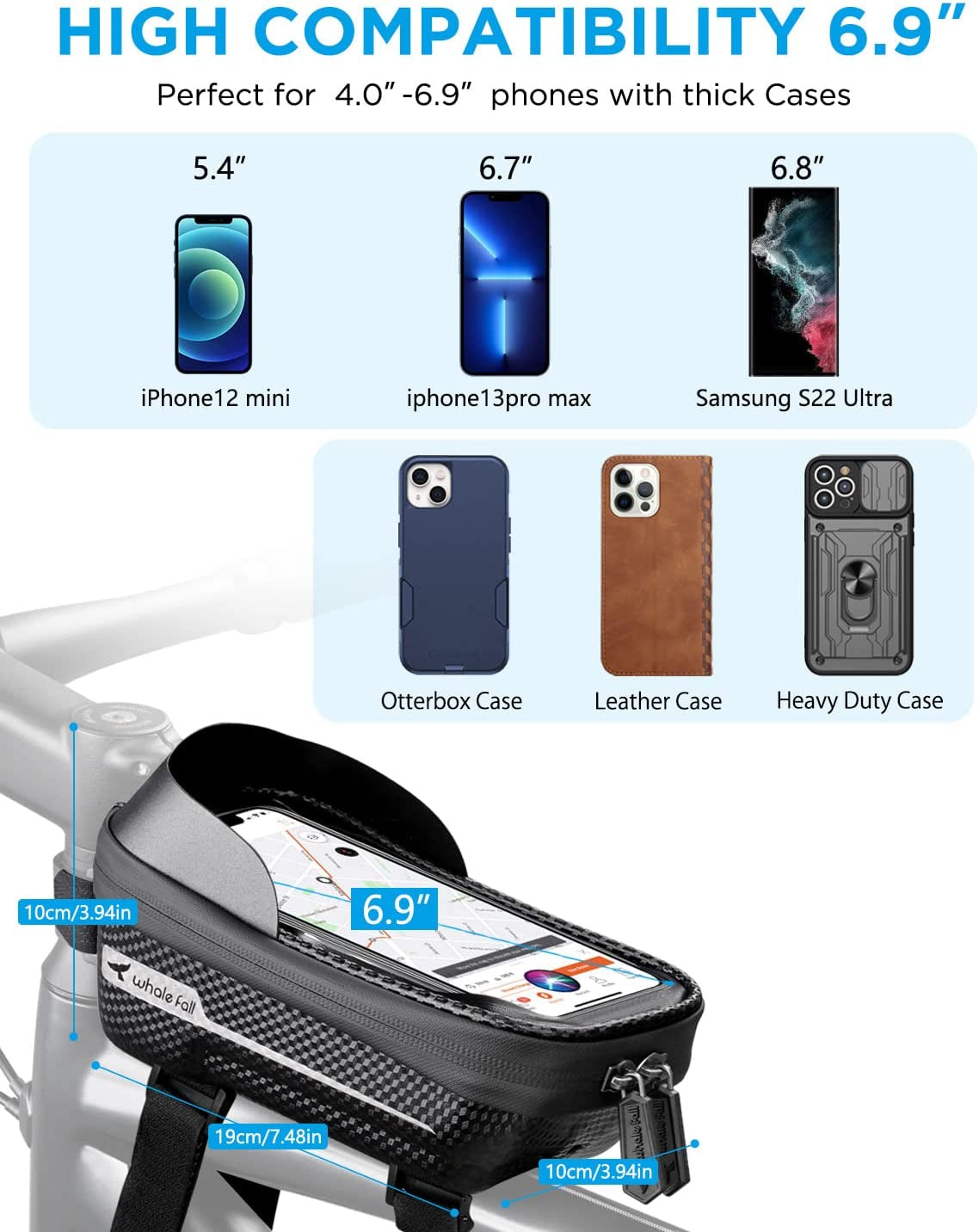  Bike Phone Holder Bike Phone Mount, 3D Hard Eva with 0.25mm Sensitive TPU Touch-Screen, with Rain Cover for Phones under 6.9''