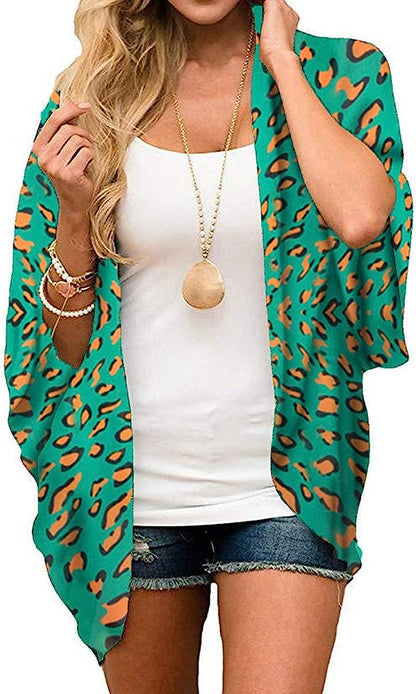  Women Floral Leaf Kimono Summer Cardigan Sheer Loose Half Sleeve Beach Shawl Chiffon Cover Up Casual Blouse Tops