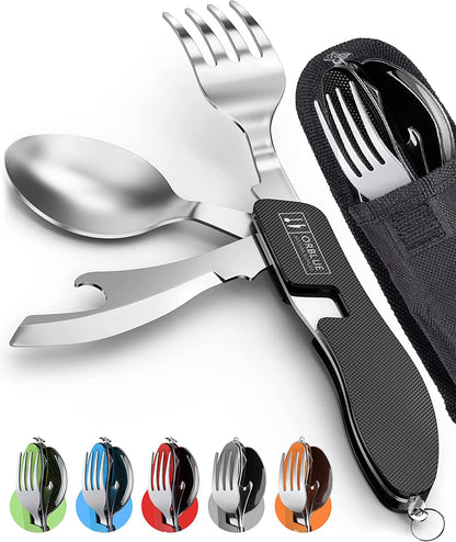 Orblue 4-in-1 Camping Utensils, 2-Pack - Portable Stainless Steel Spoon, Fork, Knife & Bottle Opener Combo Set - Travel, Backpacking Cutlery Multitool, Blue