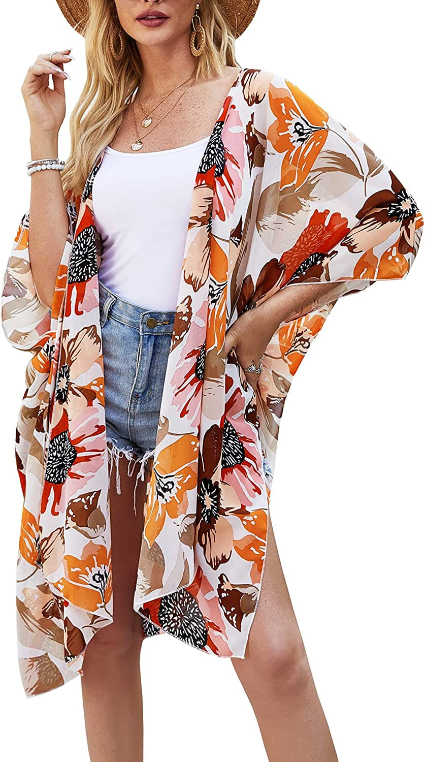  Women's Flowy Summer Chiffon Kimono Cardigans Tops Boho Floral Beach Cover Ups Casual Loose Shirts