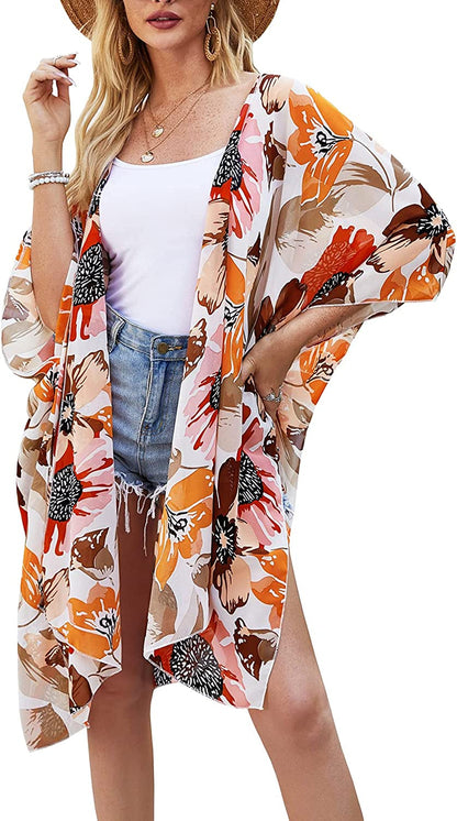  Women's Flowy Summer Chiffon Kimono Cardigans Tops Boho Floral Beach Cover Ups Casual Loose Shirts
