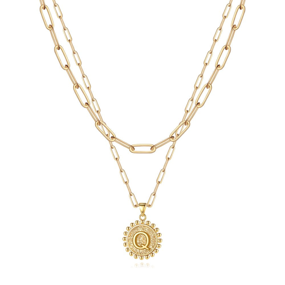 Gold Initial Necklaces for Women Girls 14K Gold Plated Dainty Layering Paperclip Link Chain Necklace Coin Initial Layered Gold Necklaces for Women