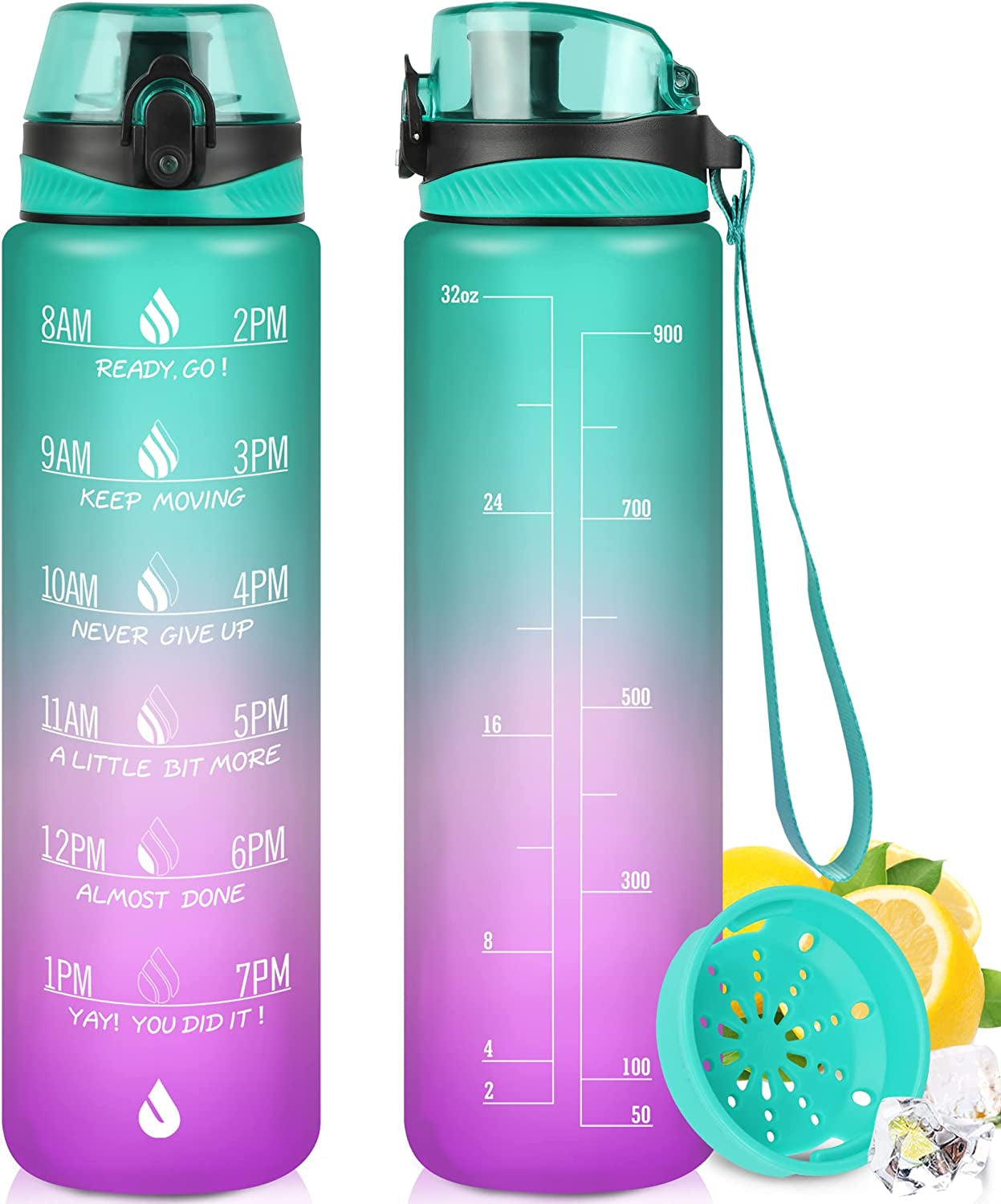  32oz Motivational Water Bottle with Times to Drink,Time Marker & Removable Strainer,Fast Flow,Leakproof Tritan BPA Free Non-Toxic Water Jug for Fitness,Gym,Sports