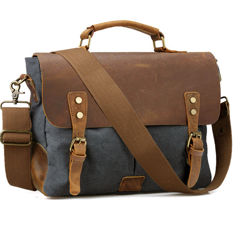 Vintage Leather and Canvas Mens Briefcase Business Portfolio Messenger Bag