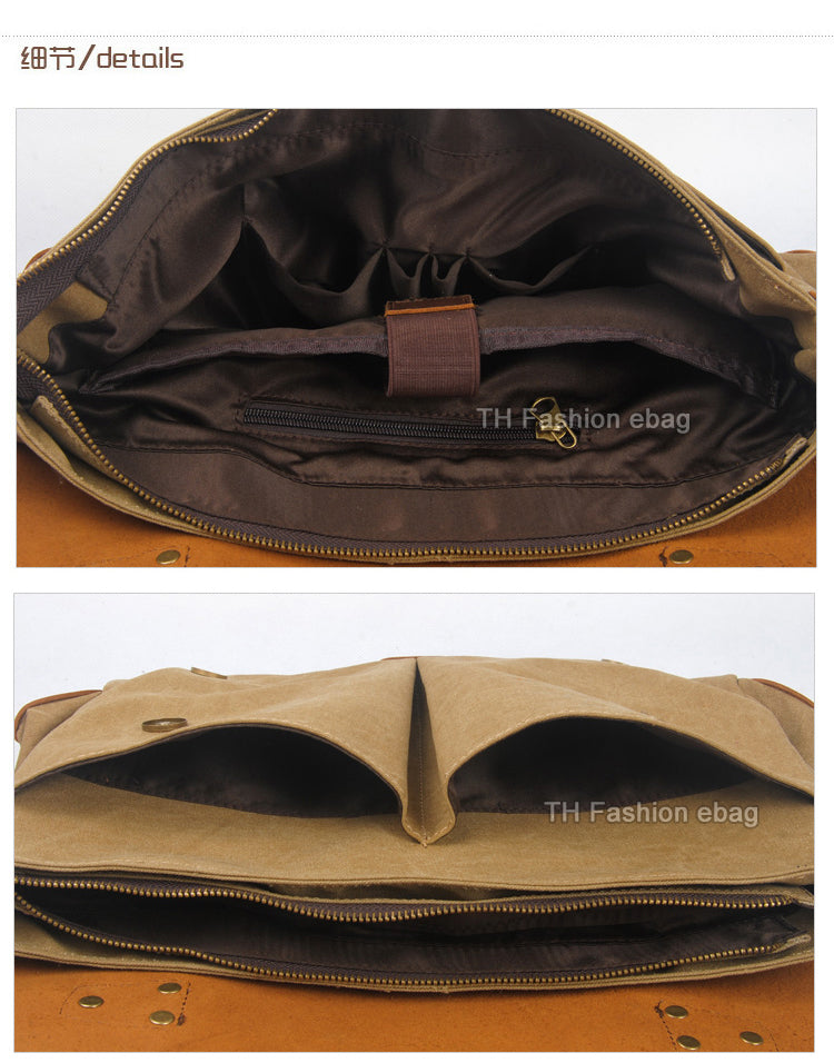 Vintage Leather and Canvas Mens Briefcase Business Portfolio Messenger Bag