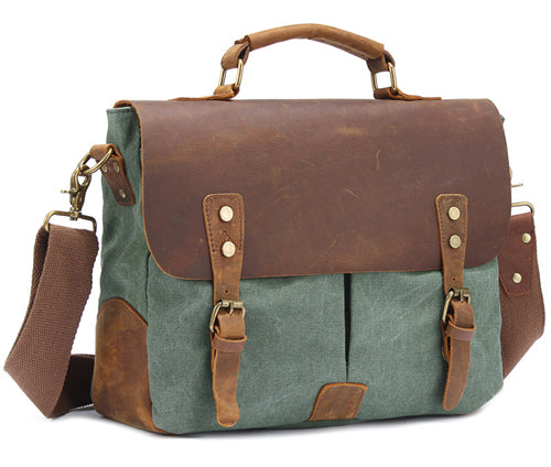 Vintage Leather and Canvas Mens Briefcase Business Portfolio Messenger Bag