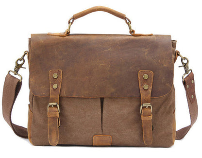 Vintage Leather and Canvas Mens Briefcase Business Portfolio Messenger Bag