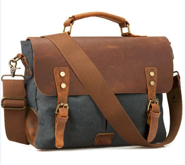 Vintage Leather and Canvas Mens Briefcase Business Portfolio Messenger Bag