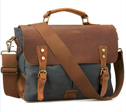 Vintage Leather and Canvas Mens Briefcase Business Portfolio Messenger Bag
