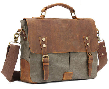 Vintage Leather and Canvas Mens Briefcase Business Portfolio Messenger Bag
