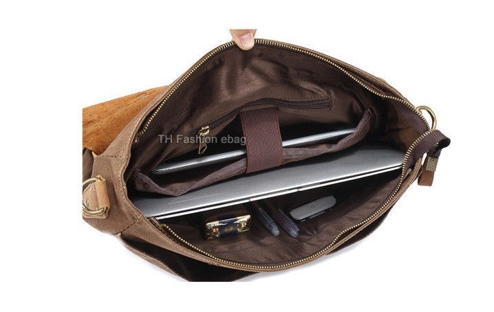 Vintage Leather and Canvas Mens Briefcase Business Portfolio Messenger Bag