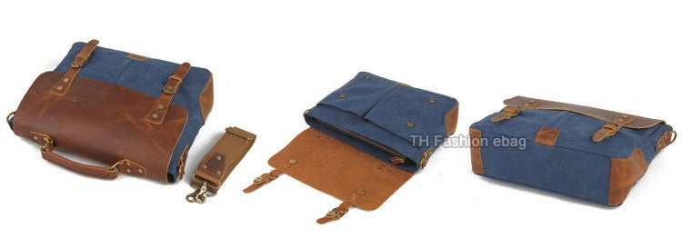 Vintage Leather and Canvas Mens Briefcase Business Portfolio Messenger Bag