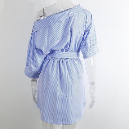 Summer One Shoulder Blue Striped Women Shirt Dresses   Side Split Elegant Puff Sleeve Waistband Beach Dress Plus Size