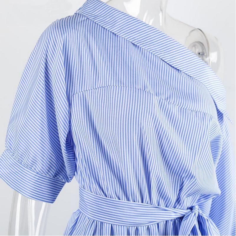 Summer One Shoulder Blue Striped Women Shirt Dresses   Side Split Elegant Puff Sleeve Waistband Beach Dress Plus Size