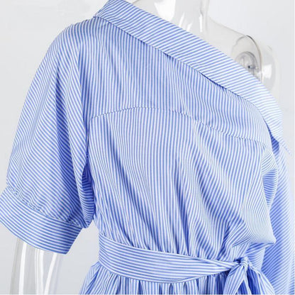 Summer One Shoulder Blue Striped Women Shirt Dresses   Side Split Elegant Puff Sleeve Waistband Beach Dress Plus Size