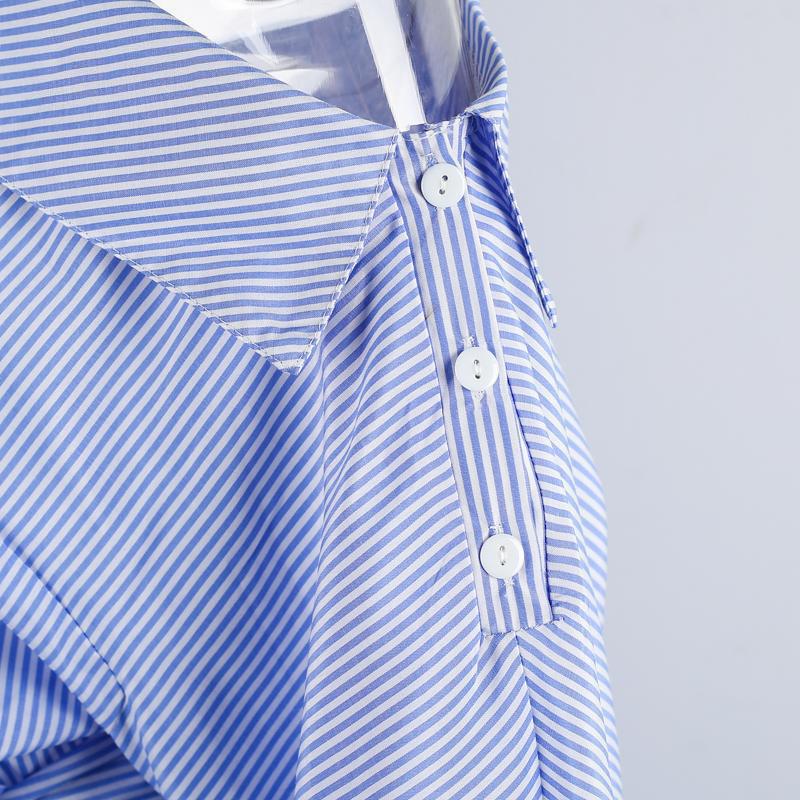 Summer One Shoulder Blue Striped Women Shirt Dresses   Side Split Elegant Puff Sleeve Waistband Beach Dress Plus Size