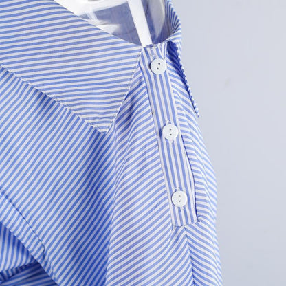Summer One Shoulder Blue Striped Women Shirt Dresses   Side Split Elegant Puff Sleeve Waistband Beach Dress Plus Size