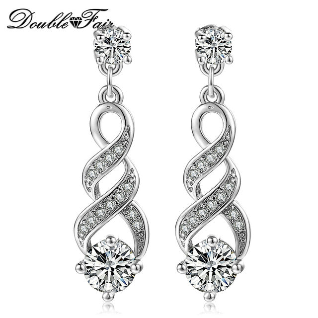 DoubleFair Four Claw 6mm Cubic Zirconia Drop/Dangle Wedding Earrings Rose Gold / Silver Color Jewelry For Women DFE544 DFE725