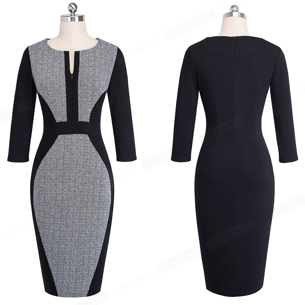 Nice-forever Women Retro Contrast Patchwork Wear to Work Business vestidos Office Bodycon Zipper Sheath Female Dress B409