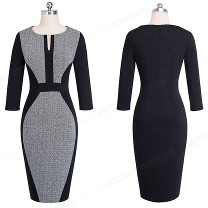 Nice-forever Women Retro Contrast Patchwork Wear to Work Business vestidos Office Bodycon Zipper Sheath Female Dress B409