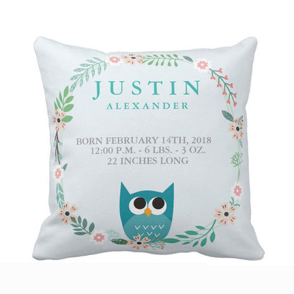 Personalized Woodland Forest Birth Stats Owl Nursery Throw Pillow Cover Soft Polyester Cotton Home Decorative Cushion Cover Sofa