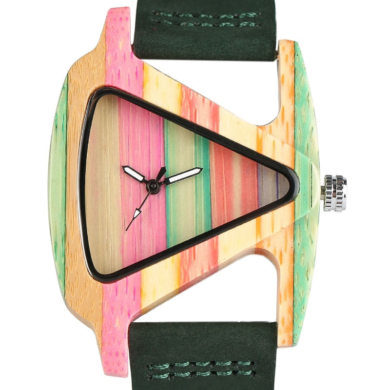 Women's Colorful Wooden Triangular Quartz Wristwatch