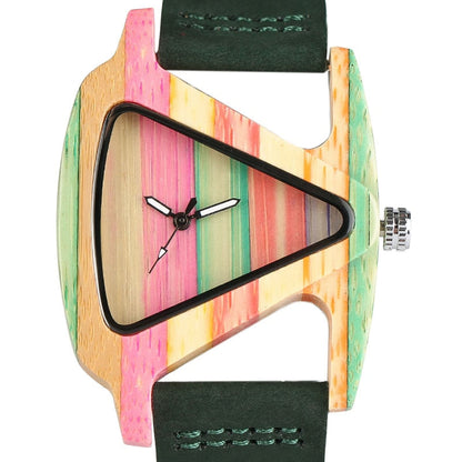 Women's Colorful Wooden Triangular Quartz Wristwatch