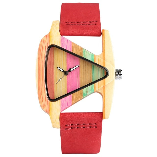 Women's Colorful Wooden Triangular Quartz Wristwatch