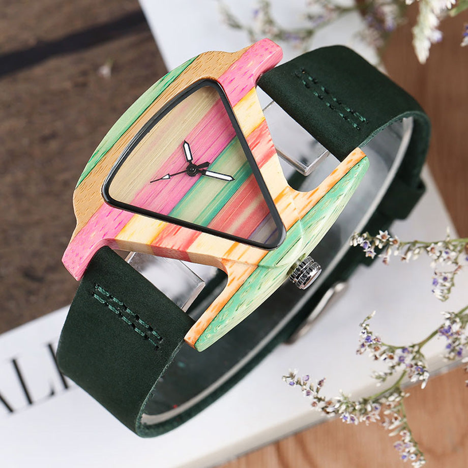 Women's Colorful Wooden Triangular Quartz Wristwatch