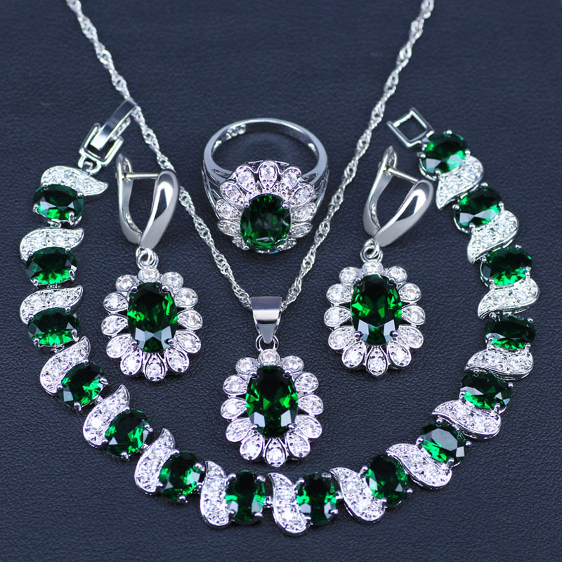 Dubai Style Green CZ White Austrian Crystal 925 Stamp Silver Color Jewelry Sets Earrings/Pendant/Necklace/Rings/Bracelets