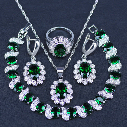 Dubai Style Green CZ White Austrian Crystal 925 Stamp Silver Color Jewelry Sets Earrings/Pendant/Necklace/Rings/Bracelets