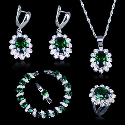 Dubai Style Green CZ White Austrian Crystal 925 Stamp Silver Color Jewelry Sets Earrings/Pendant/Necklace/Rings/Bracelets