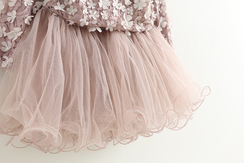 New Lace Flower Princess Dress Spring Girl Dress Winter Long Sleeve Three-Dimensional Petals Pompon Net Yarn Girls Clothes
