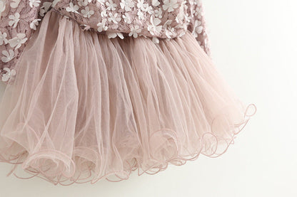 New Lace Flower Princess Dress Spring Girl Dress Winter Long Sleeve Three-Dimensional Petals Pompon Net Yarn Girls Clothes