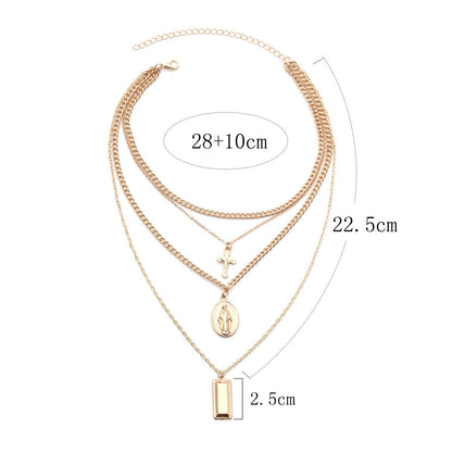 SRCOI Bohemia Gold Color Cross Layered Necklace Jesus Virgin Mary Chain Pendant Necklace Easter Day's Gift For Women Jewelry