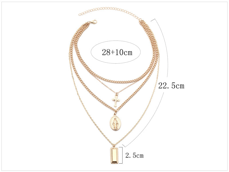 SRCOI Bohemia Gold Color Cross Layered Necklace Jesus Virgin Mary Chain Pendant Necklace Easter Day's Gift For Women Jewelry