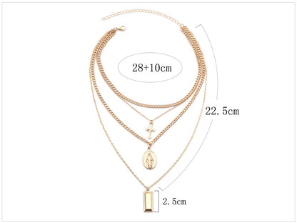SRCOI Bohemia Gold Color Cross Layered Necklace Jesus Virgin Mary Chain Pendant Necklace Easter Day's Gift For Women Jewelry