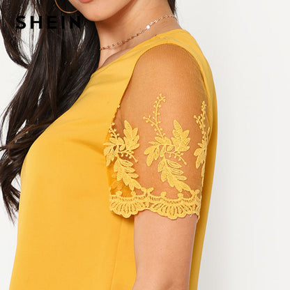 SHEIN Ginger Flower Mesh Sleeve Blouse Women Round Neck Short Sleeve Curved Hem Casual Top Summer Elegant Blouse