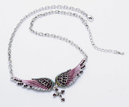Yacq Angel Wing Cross Necklace Earrings Sets Women Biker Bling Jewelry Birthday Gifts for Her Wife Mom Girlfriend