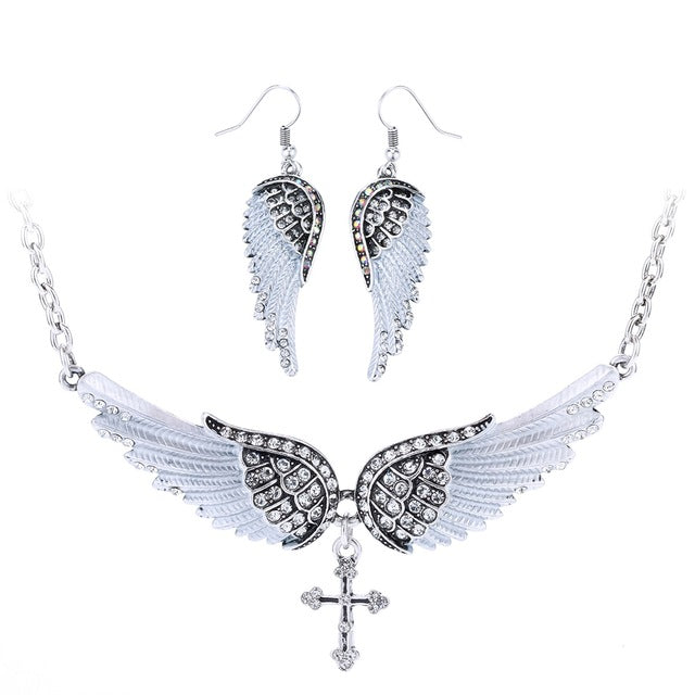 Yacq Angel Wing Cross Necklace Earrings Sets Women Biker Bling Jewelry Birthday Gifts for Her Wife Mom Girlfriend