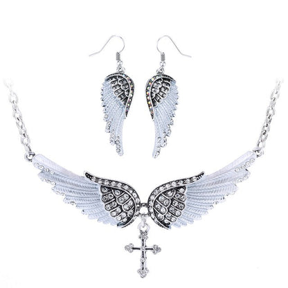 Yacq Angel Wing Cross Necklace Earrings Sets Women Biker Bling Jewelry Birthday Gifts for Her Wife Mom Girlfriend