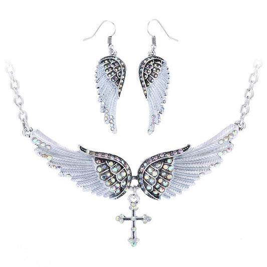 Yacq Angel Wing Cross Necklace Earrings Sets Women Biker Bling Jewelry Birthday Gifts for Her Wife Mom Girlfriend