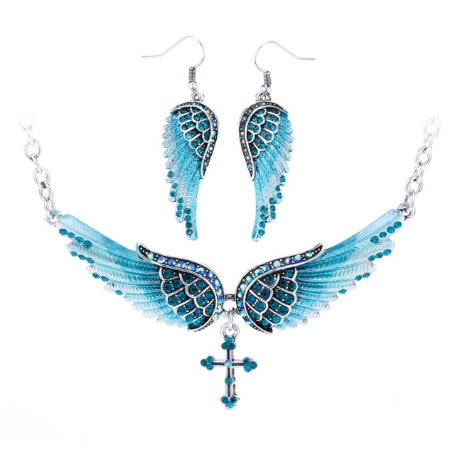Yacq Angel Wing Cross Necklace Earrings Sets Women Biker Bling Jewelry Birthday Gifts for Her Wife Mom Girlfriend