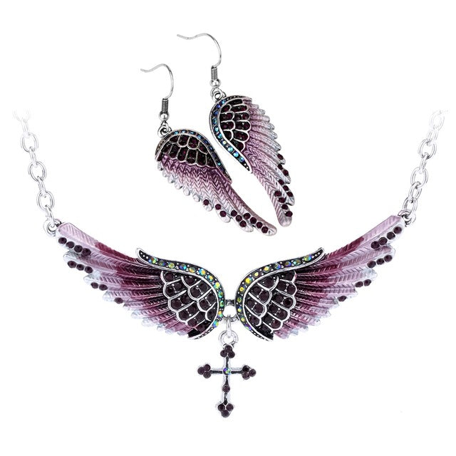 Yacq Angel Wing Cross Necklace Earrings Sets Women Biker Bling Jewelry Birthday Gifts for Her Wife Mom Girlfriend